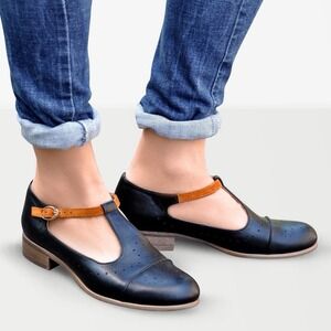 Julia Bo JANE T-Strap Mary Jane Shoes Black Brown Sz. EU37 US6.5/7 Classic